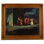 Mid 20th Century impressionist oil on board, theatrical night time scene of dancing in the street,