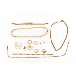 A group of jewellery, including rings, necklaces, three broken chains and various earrings, some