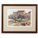 R.W. Thornton, late 20th British. 'The Green Fishing Boat'. Watercolour and gouache, coastal harbour