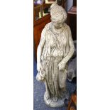 A cast concrete garden figure of a classical maiden with lion, 102cm high.