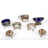 A mixed group of George III antique sterling silver salts including a pair of cauldron salts with