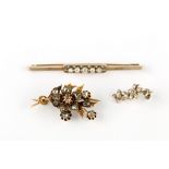 A group of diamond-set jewellery, comprising a rose-cut diamond brooch, a diamond bar brooch and a