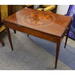 19th century French marquetry inlaid mahogany side table, the top decorated with a circular