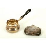 An Edwardian antique sterling silver brandy pan with turned wood handle, London 1901 by John Gammage