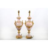 A pair of violet marble and ormolu twin-handled vases, arranged as table lamps, 52cm high (sold as