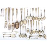 A mixed group of antique sterling silver flatware  including King's pattern teapoon and egg spoon,