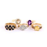A group of five gem and imitation gem-set rings, four with UK hallmarks for 9 carat gold (5)