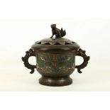 An antique Chinese bronze twin-handled cloisonné and enamel incense burner and cover, the cover