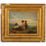 A 19th Century continental school oil on canvas of children playing in the fields, 19 x 25 cms.