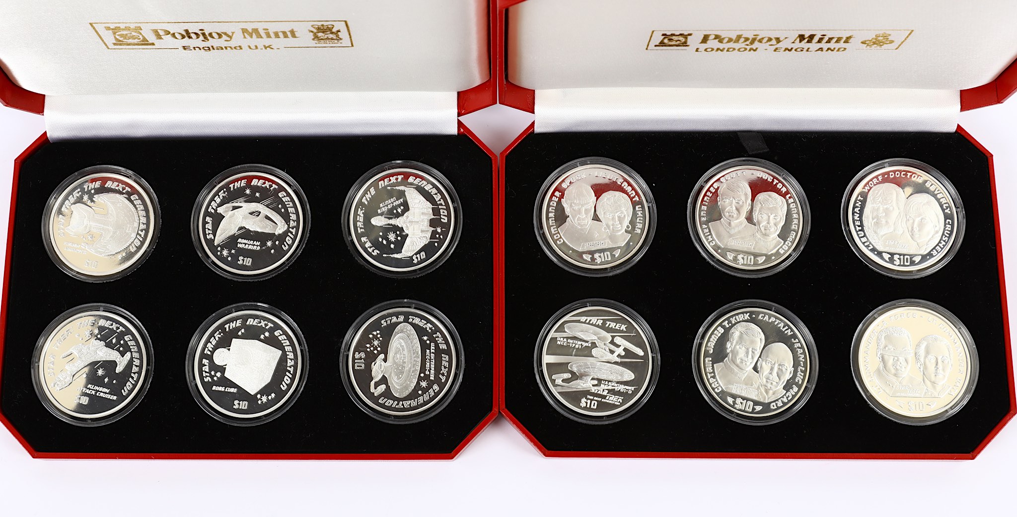 Star Trek Two Sets of 6 $10 Silver Coins, Masterpieces in Silver Set, Coins of the 20th Century,