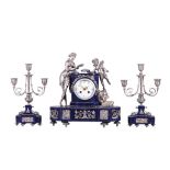 A FINE LATE 19TH / 20TH CENTURY FRENCH SILVERED BRONZE AND LAPIS LAZULI FIGURAL MANTEL CLOCK