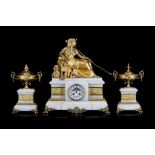 A FINE THIRD QUARTER 19TH CENTURY FRENCH GILT BRONZE AND ALGERIAN ONYX EGYPTIAN REVIVAL CLOCK