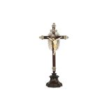 AN 18TH CENTURY INDO-PORTUGUESE (GOAN) CARVED, PAINTED AND GILDED IVORY AND HARDWOOD CRUCIFIX the