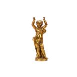 AN EARLY 19TH CENTURY FRENCH GILT BRONZE FIGURE OF A PUTTO the cherub with arms raised to support