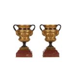 A PAIR OF 19TH CENTURY FRENCH RENAISSANCE STYLE MARBLE AND GILT BRONZE URNS the shaped bronze bodies