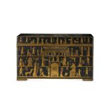 A LATE 19TH / EARLY 20TH CENTURY EGYPTIAN REVIVAL GILT BRASS AND LACQUERED CASKET of rectangular