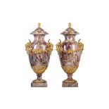 A FINE AND IMPRESSIVE PAIR OF 19TH CENTURY BOIS JOURDAN MARBLE AND GILT BRONZE MOUNTED URNS,