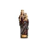 A RENAISSANCE STYLE CARVED WOOD, POLYCHROME DECORATED AND PARCEL GILT FIGURE OF THE VIRGIN AND