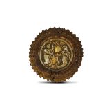 A SMALL 18TH / 19TH CENTURY CARVED WOOD AND MOTHER OF PEARL ROUNDEL RELIEF the mother of pearl