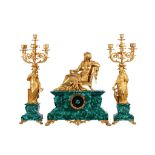 A LARGE AND IMPRESSIVE LATE 19TH CENTURY GILT BRONZE AND MALACHITE FIGURAL MANTEL CLOCK GARNITURE