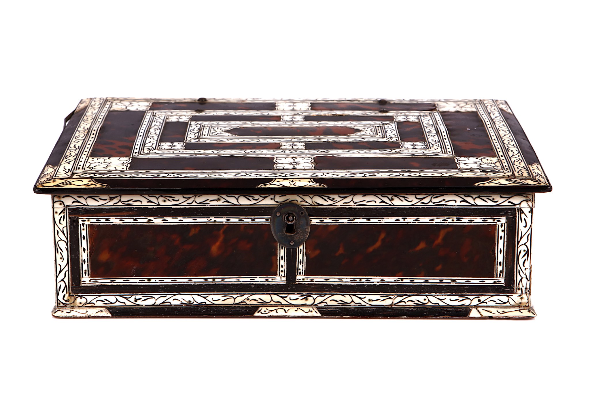 AN 18TH CENTURY INDO-PORTUGUESE TORTOISESHELL AND IVORY WRITING BOX of rectangular form, with