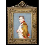 DUMONT (FRENCH 19TH CENTURY) Portrait of Napoleon signed l.l watercolour on ivory elaborate gilt