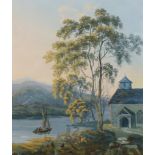 JOHN LAPORTE (1761-1839) Lakeside scene with approaching boat gouache 48 x 36 cm framed and glazed