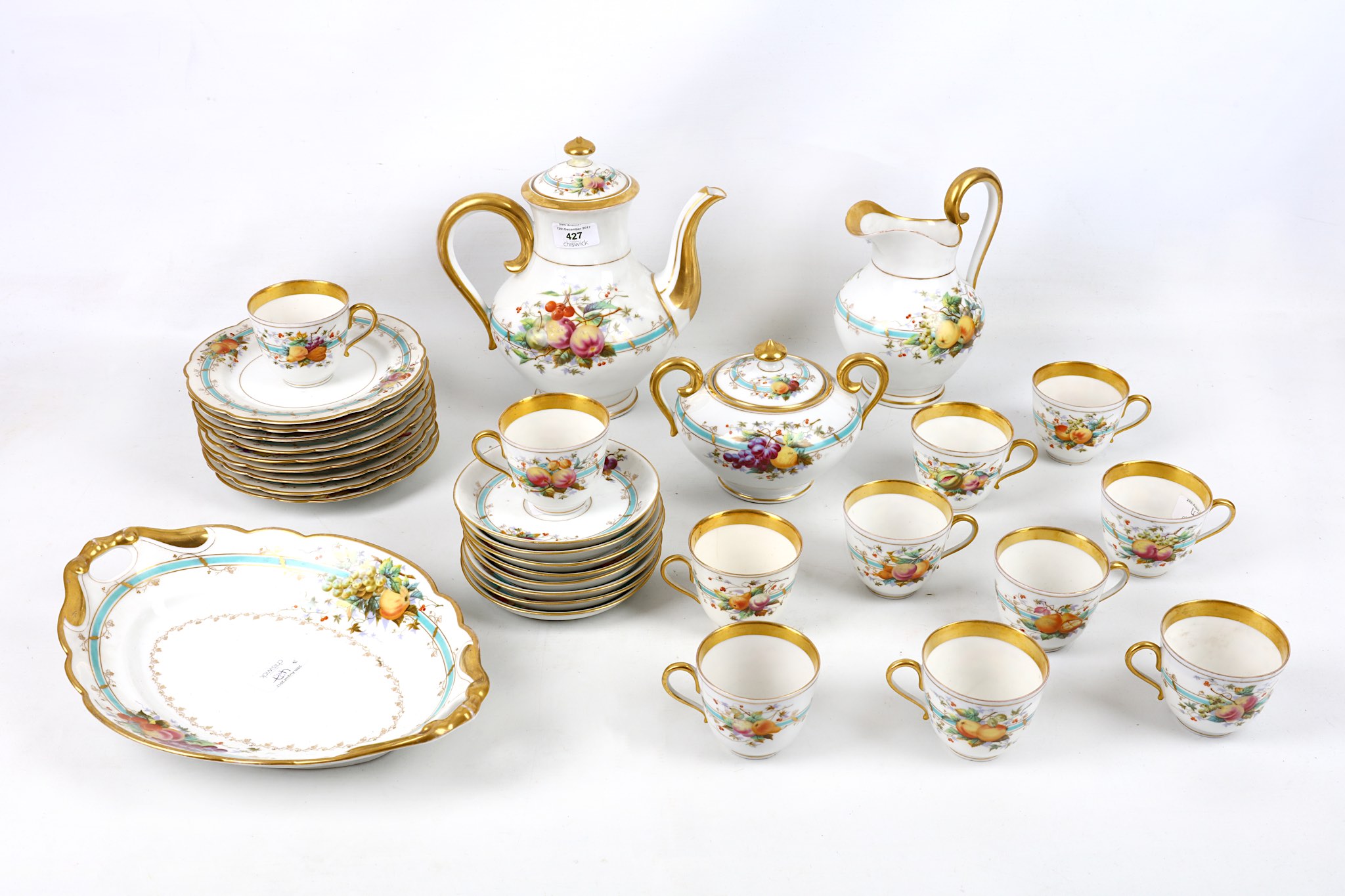 Early 20th century French porcelain 32 piece part tea service, transfer printed with fruit bunches.