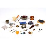 A collection of small cigarette cases, compacts, lorgnette, salt, carved amber, Meerscham pipe, dice