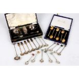 Cased mid 20th century Mappin and Webb silver three piece cruet, a cased set of six Mappin and