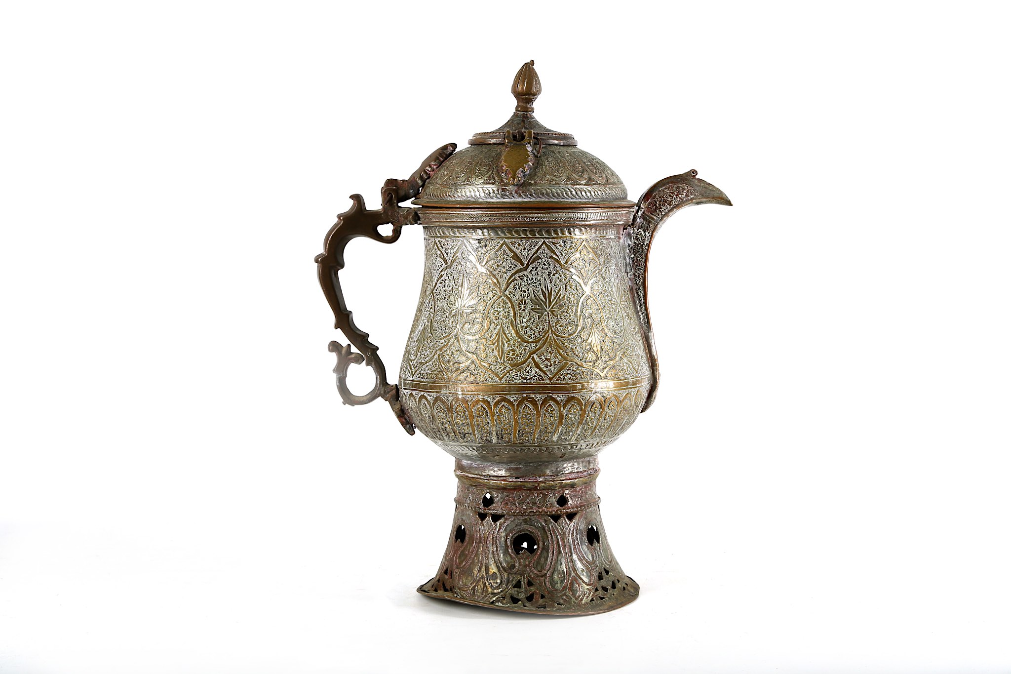 A 19th century Indo/Persian flagon. All over incised design and a pierced base Height 40 cms. - Image 3 of 7