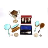 A mixed group of antique sterling silver, including a twin handled trophy Birmingham 1905 by Jones &