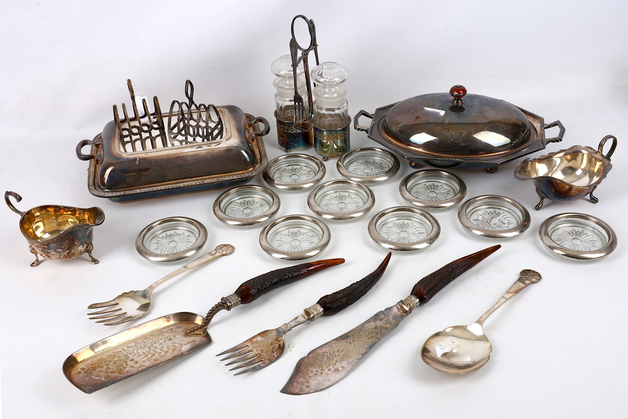 A collection of silver plate, to include 2 cased sets of mother of pearl handled sets of knives