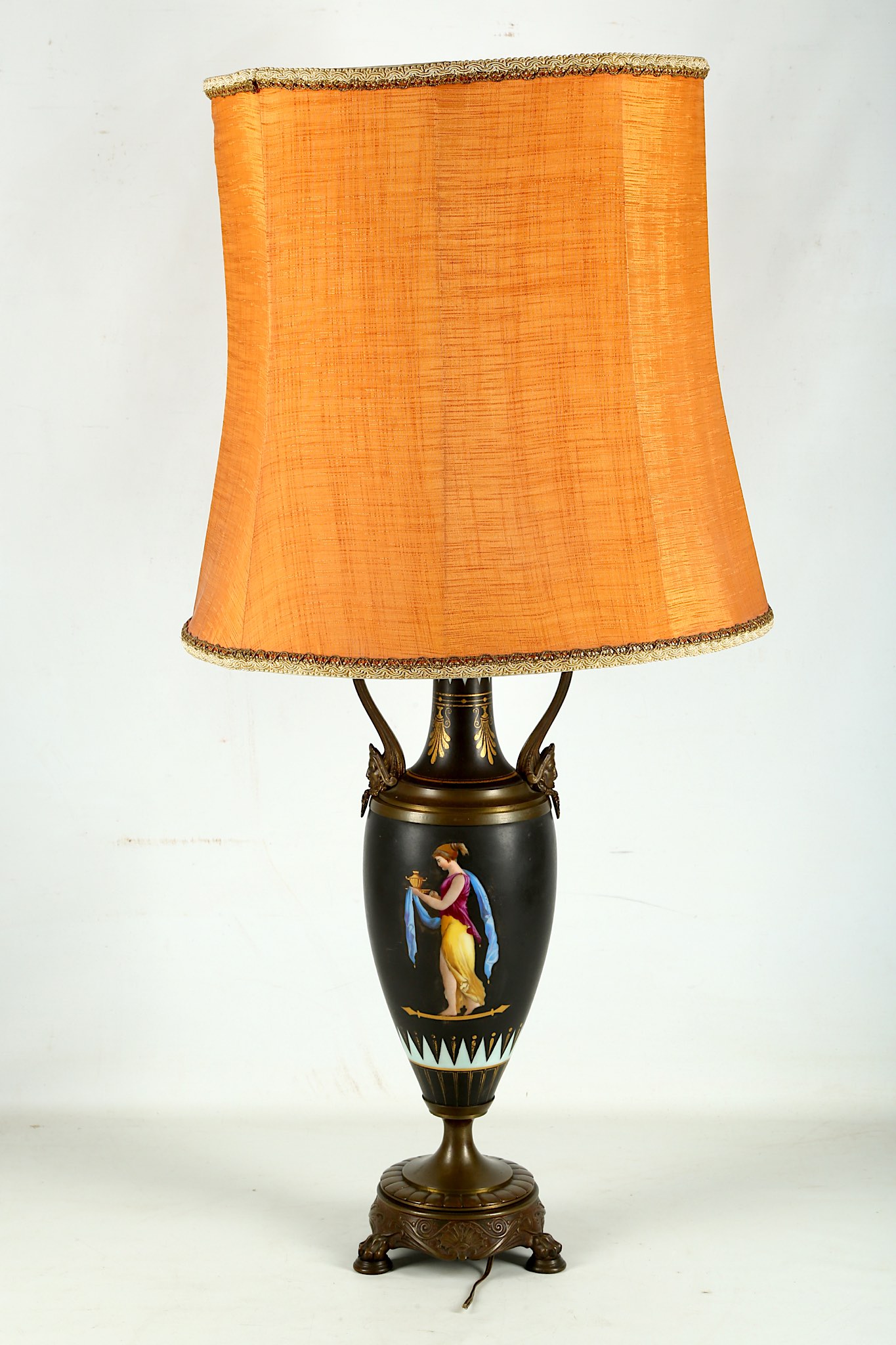 A Victorian gilt metal mounted porcelain lamp base, decorated with Anthemion's and Grecian - Image 2 of 2