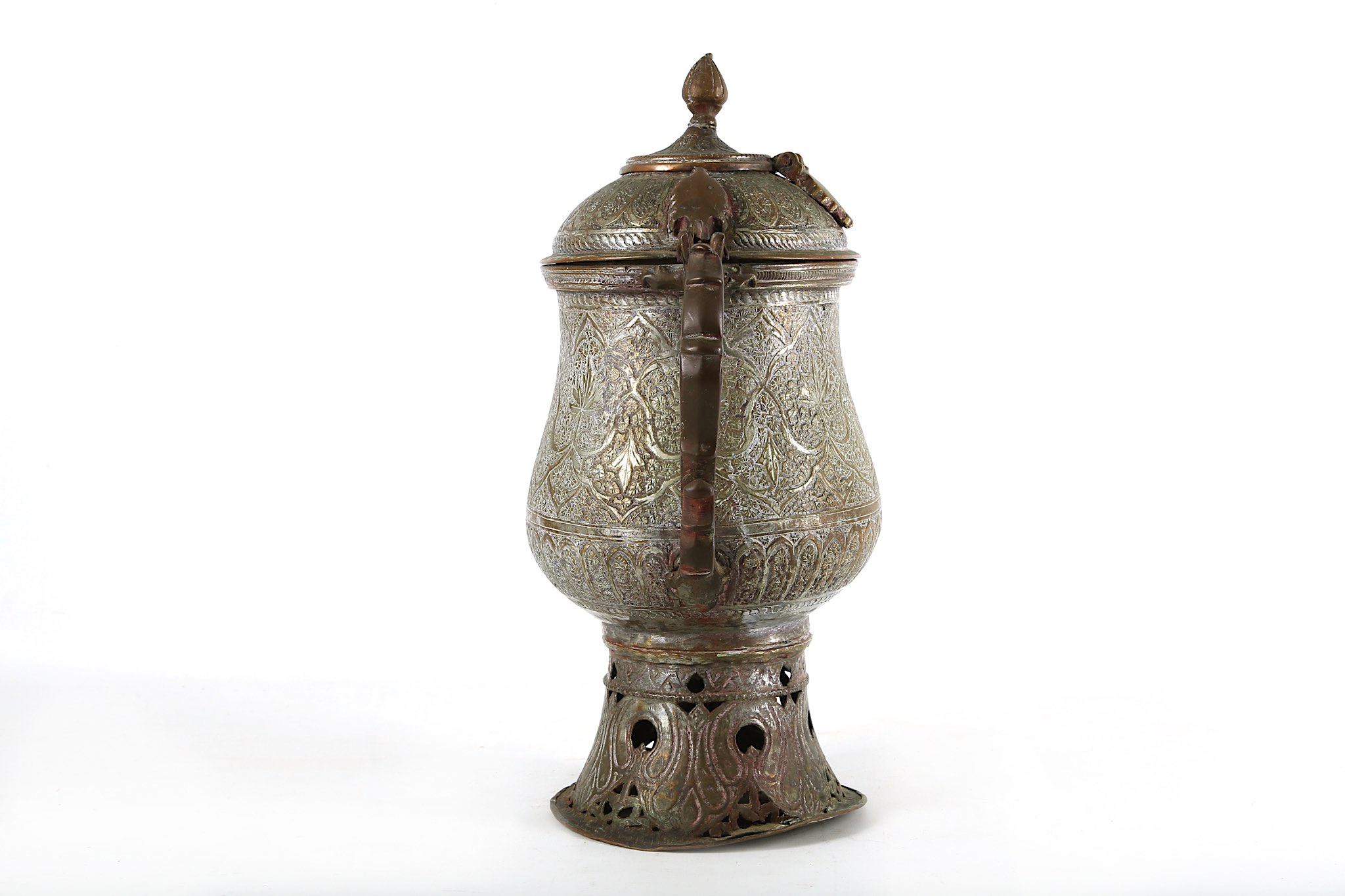 A 19th century Indo/Persian flagon. All over incised design and a pierced base Height 40 cms. - Image 2 of 7