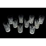 A fine set of ten tall cut crystal whisky glasses, 20th century, possibly Waterford, each of