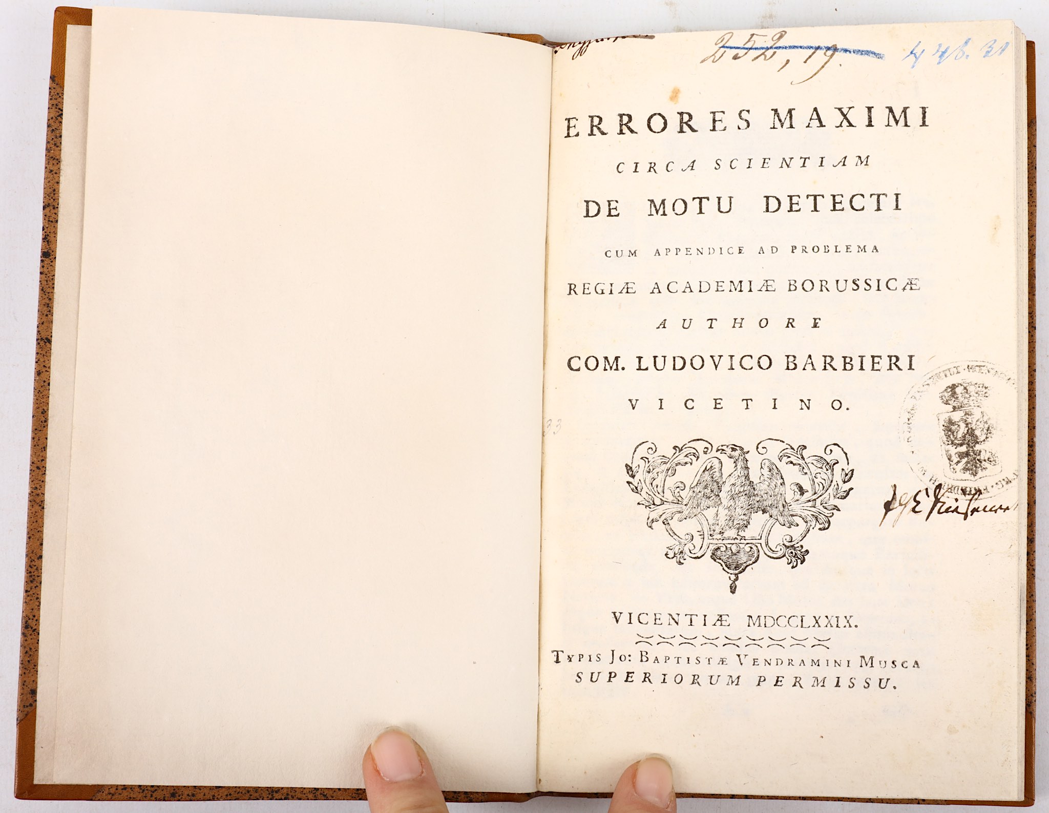 BARBIERI, Ludovico (1719-91).  Errores maximi circa scientam de motu detecti cum appendice ad - Image 4 of 7