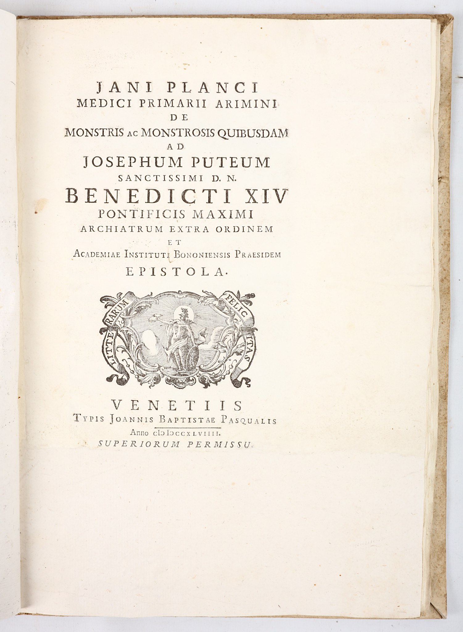 [BIANCHI, Giovanni (1693-1775)].  Jani planci [pseudonym] medici primarii Arimini. De monstris ac - Image 3 of 6