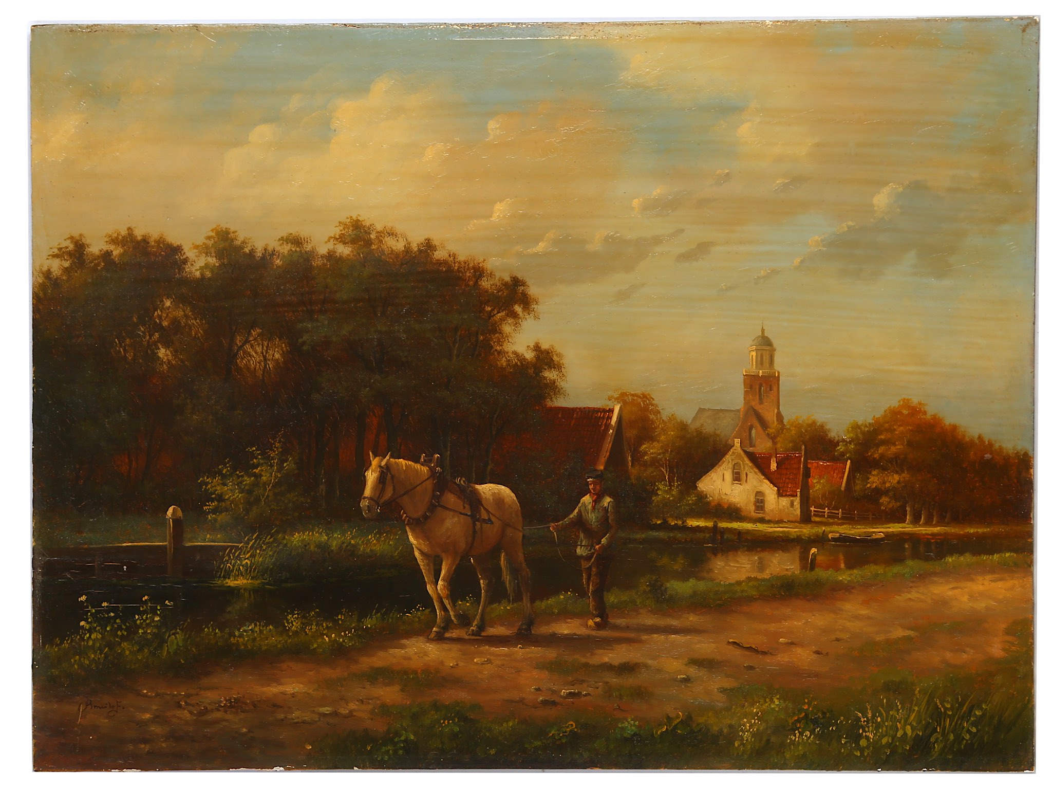 Dutch school, 20th Century. Oil on panel. 'Barge Horse & Handler'. Exterior canal scene.