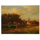 Dutch school, 20th Century. Oil on panel. 'Barge Horse & Handler'. Exterior canal scene.