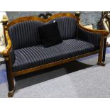 Biedermeier style walnut sofa, upholstered in striped black fabric the shaped back with parcel