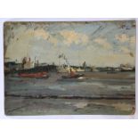 Mid 20th Century British. Oil on board impressionistic view of a busy dock, with steam tugs and