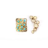 Two gem-set brooches, One set with cabochon opals in 9ct gold mount, the other with cabochon