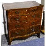 A small George III crossbanded and boxwood strung mahogany serpentine chest, fitted 4 drawers on