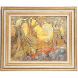 Mid 20th Century European school, oil on board, impressionistic landscape, through the trees, signed