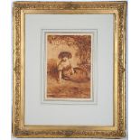 J.N. Rhodes 1809-1842. A young girl in bonnet seated beside a rocky outcrop and stream. Signed lower