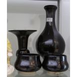 Chinese earthenware Jun style black glazed baluster vase, a similar Gu shaped vase and 2 brush pots.