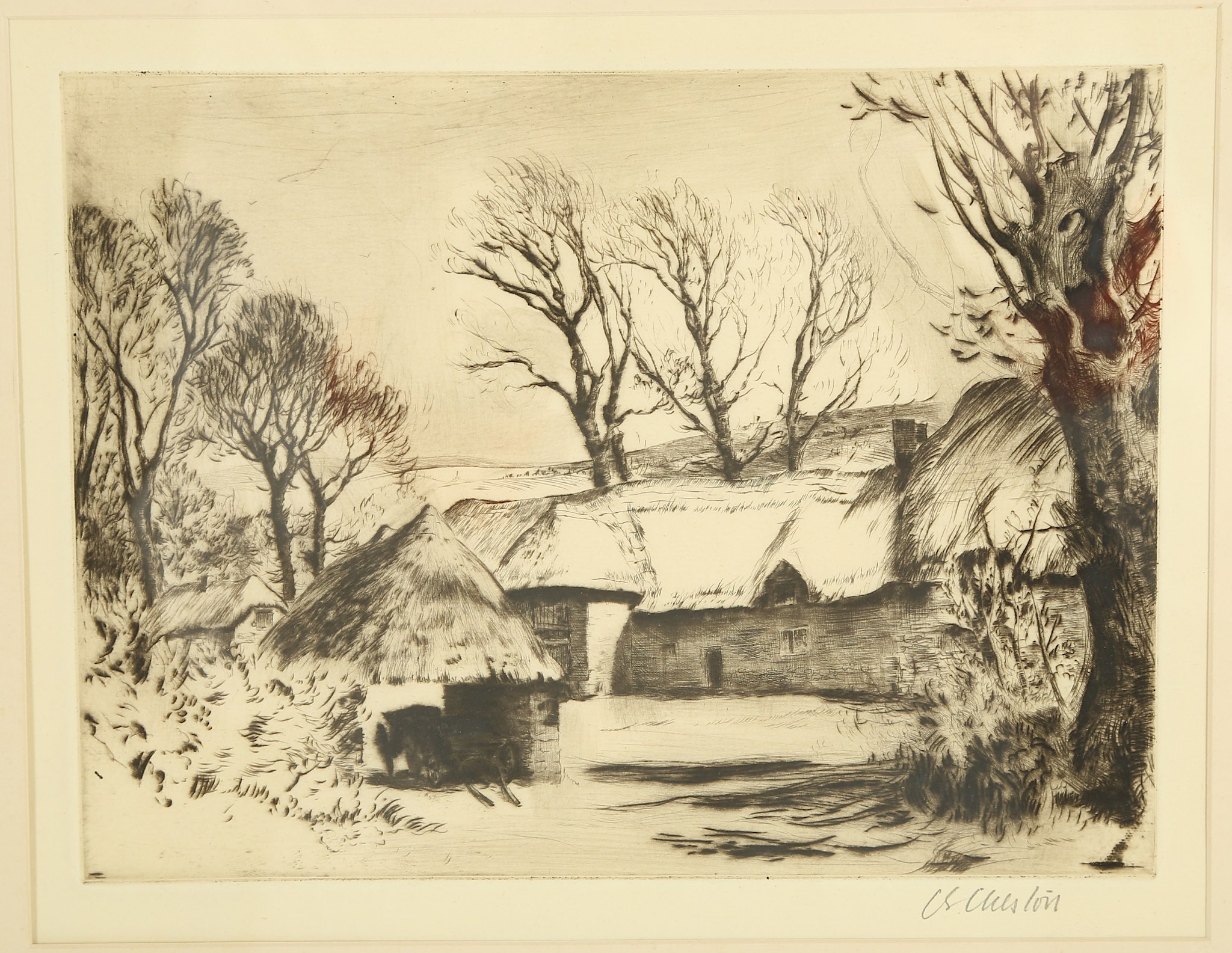 Charles Cheston 1882-1960. 'Thatched Farm in the Landscape'. Soft ground etching. Pencil signed. - Image 2 of 6