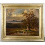 Karl Demetz 1909-1986. 'Homeward Bound Shepherd'. Oil on panel landscape at dusk. Signed lower left,