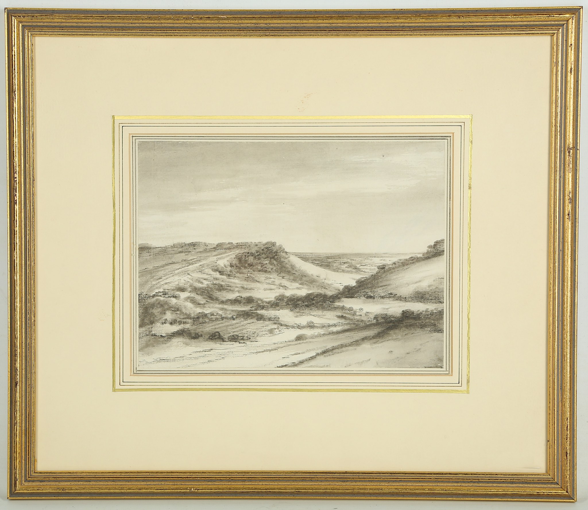 Attributed to Thomas Monro 1759-1833. 'Landscape'. En-grisaille wash with chalks. 18 x 22cm. Mounted